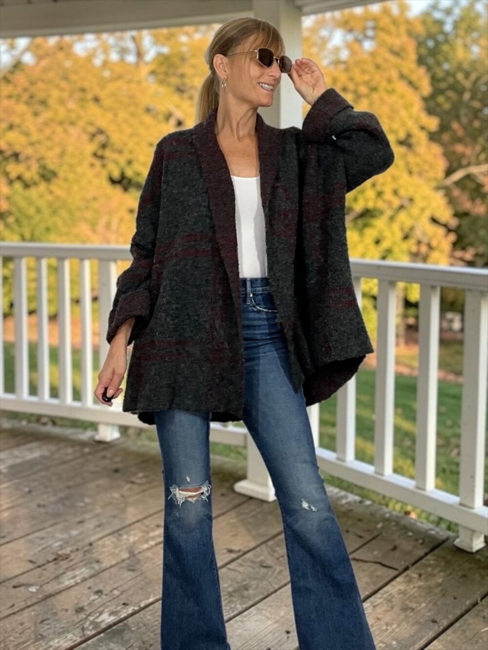 Free People Windowpane Cardigan Sweater XS/S Charcoal Berry Oversized Wool Blend